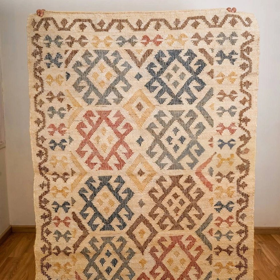 Beige aztec katoenen en jute vloerkleed