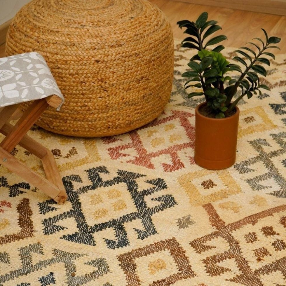 Beige aztec katoenen en jute vloerkleed - Afbeelding 2