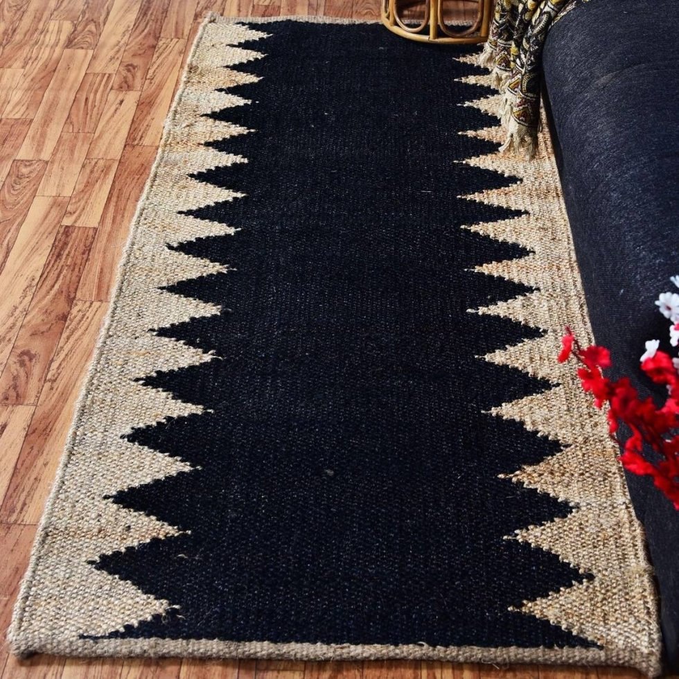 Zwart en naturel jute loper tapijt - Afbeelding 2