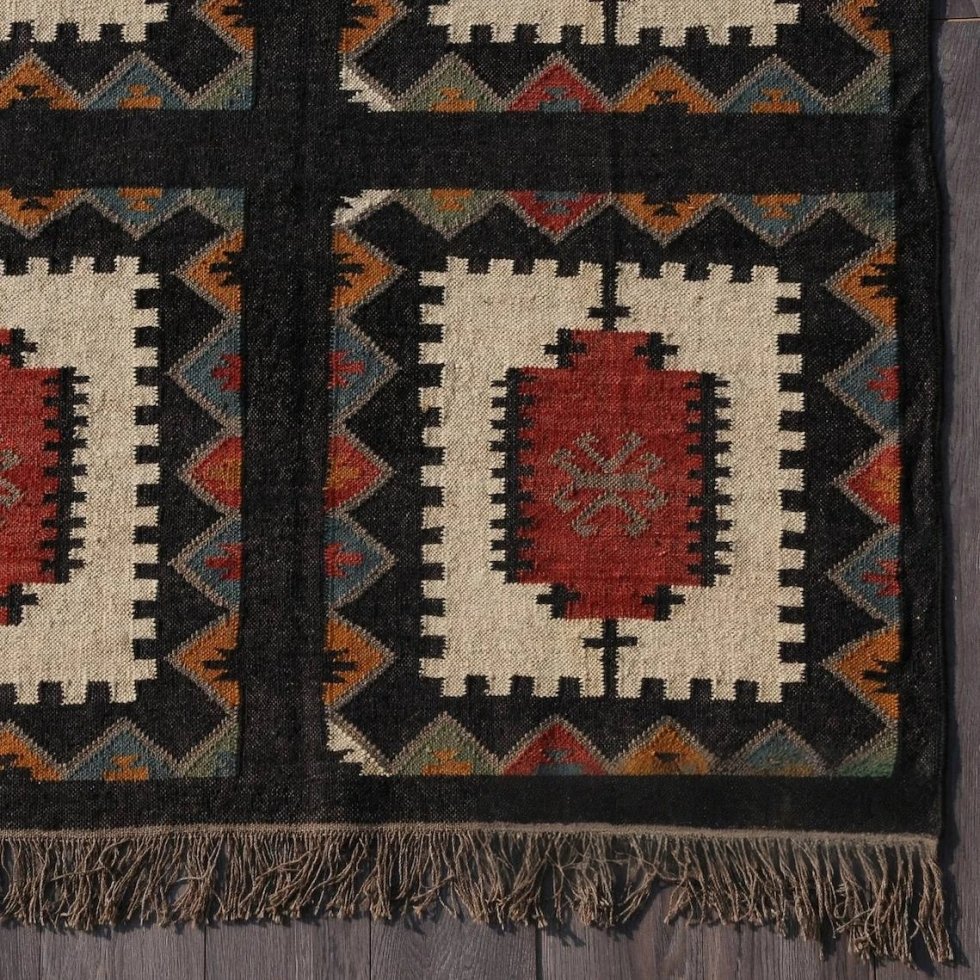Zwart kilim vloerkleed van wol en jute - Afbeelding 3