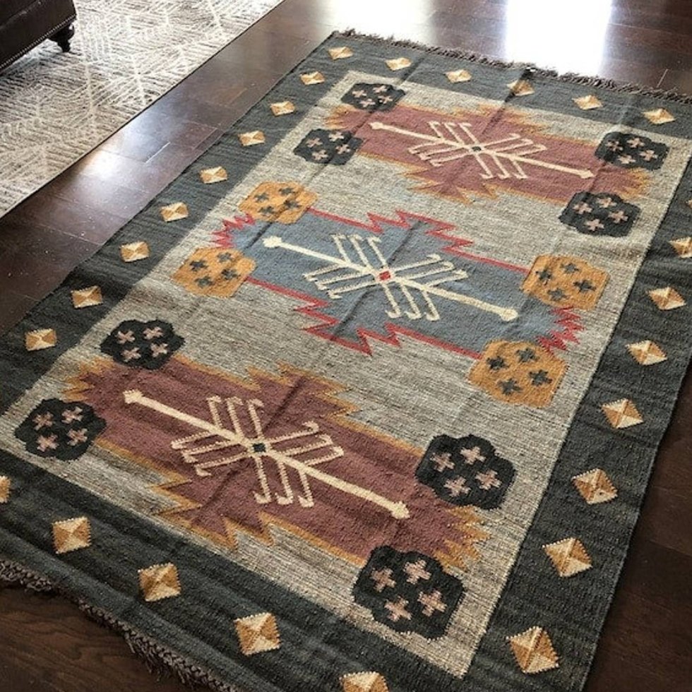 Boho wol jute kelim vloerkleed