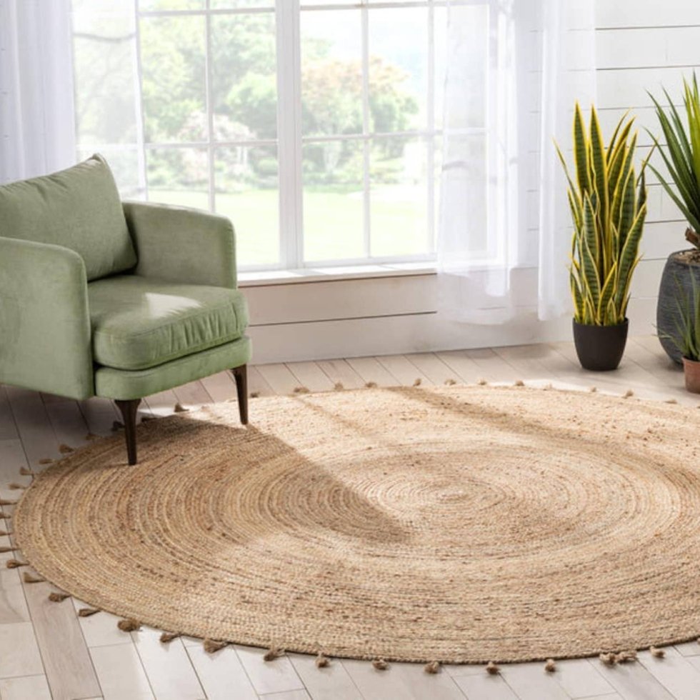 Gevlochten rond jute vloerkleed met kwastjes - Afbeelding 3
