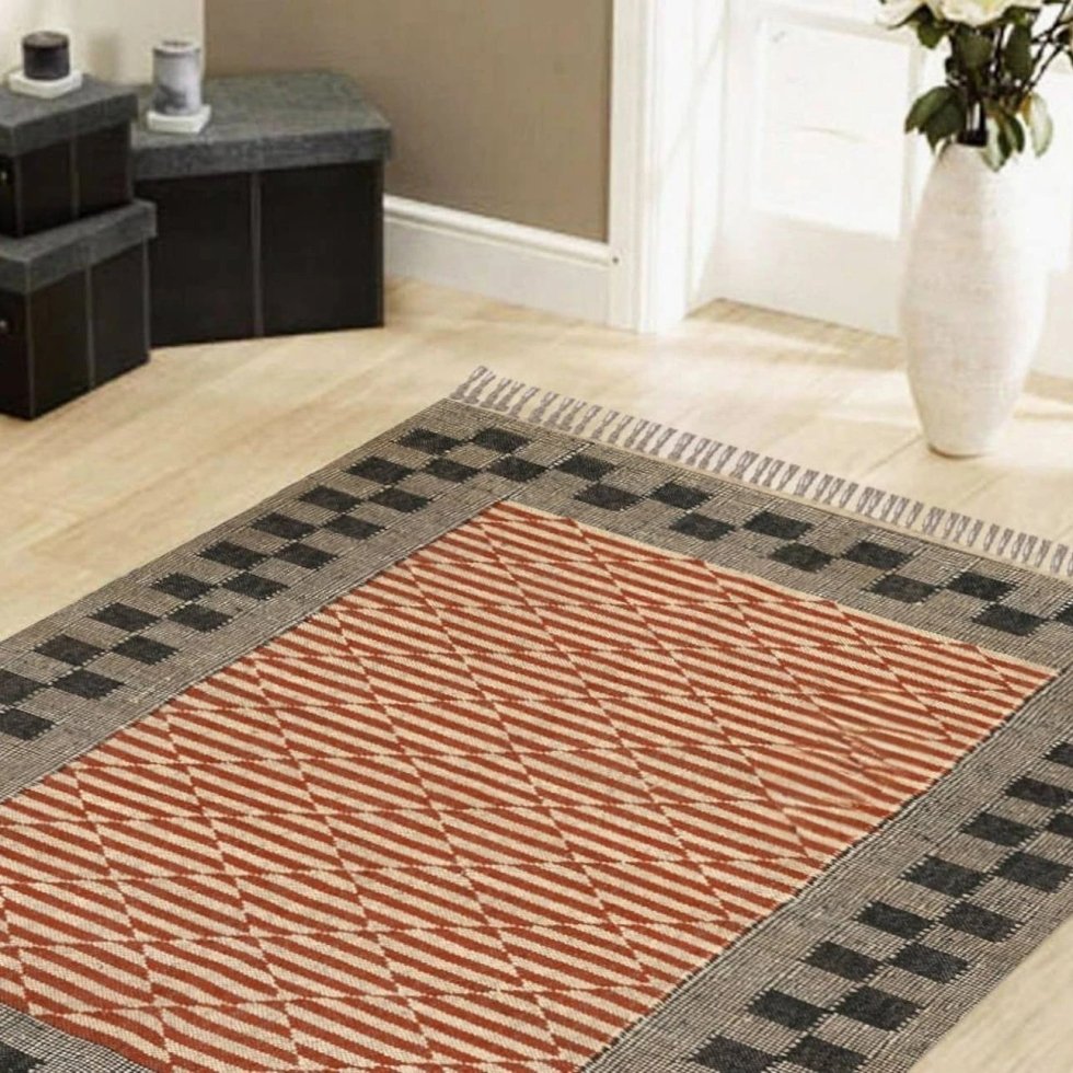 Geometrisch oranje jute vloerkleed van wol - Afbeelding 3