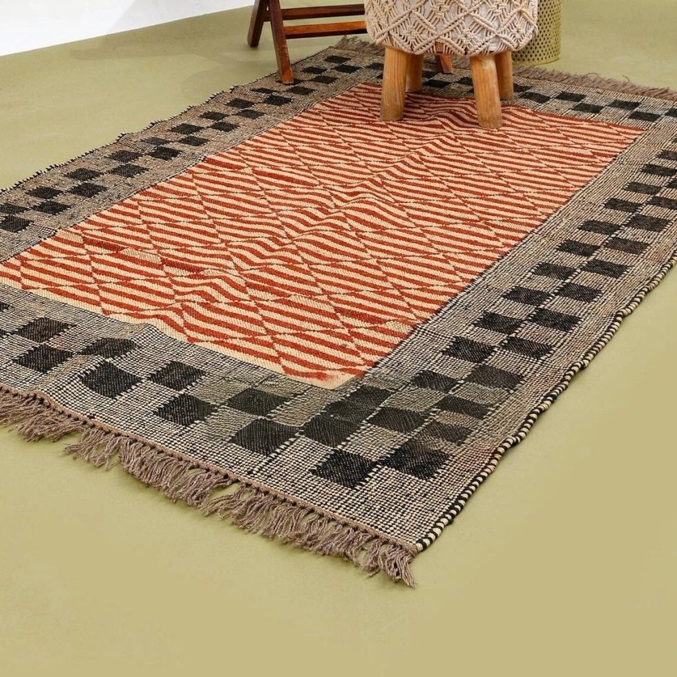 Geometrisch oranje jute vloerkleed van wol - Afbeelding 2