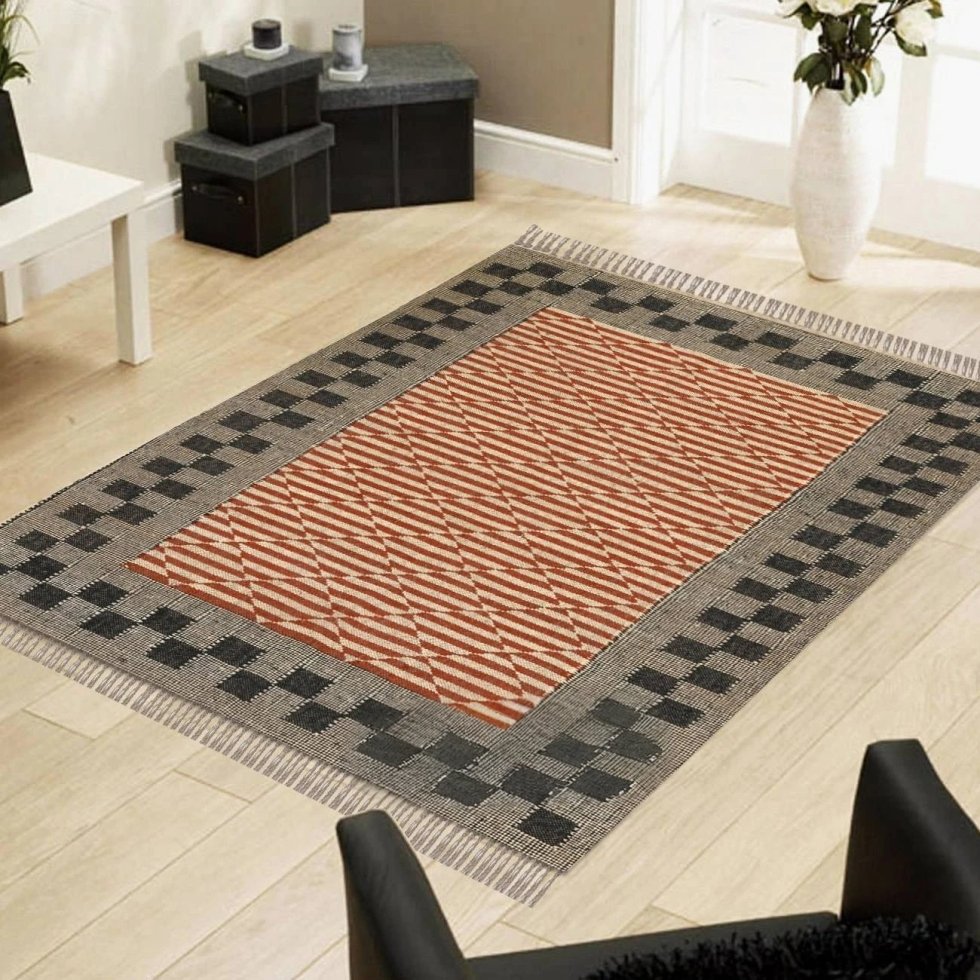 Geometrisch oranje jute vloerkleed van wol