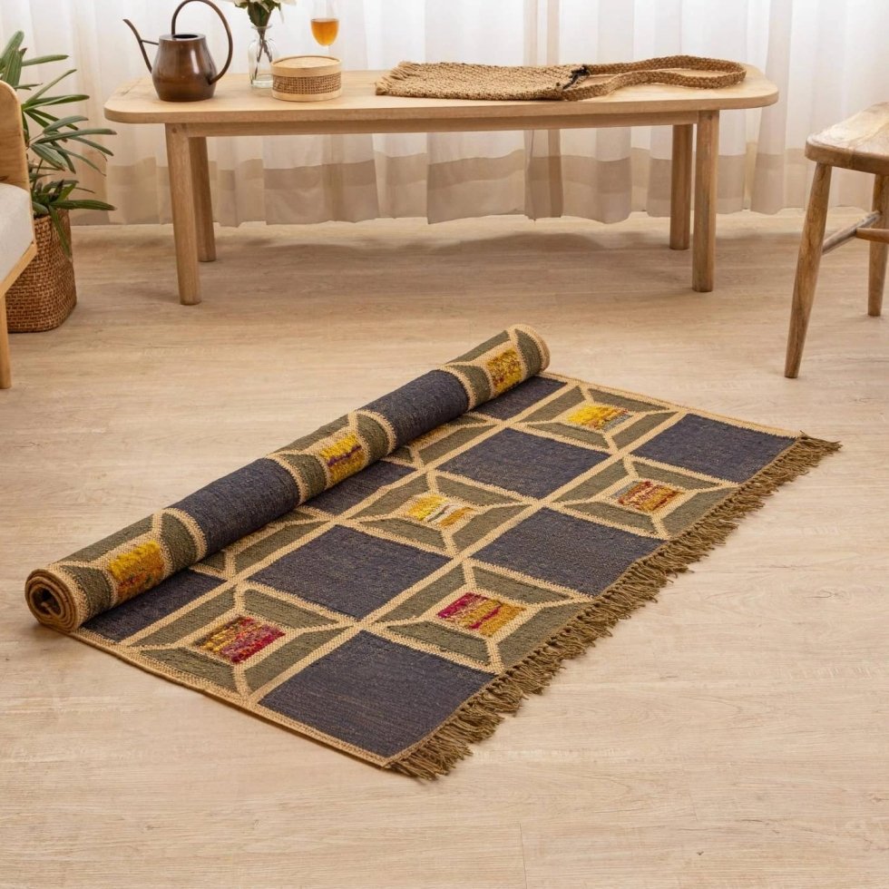 Groen en marine geruit wollen jute vloerkleed - Afbeelding 3