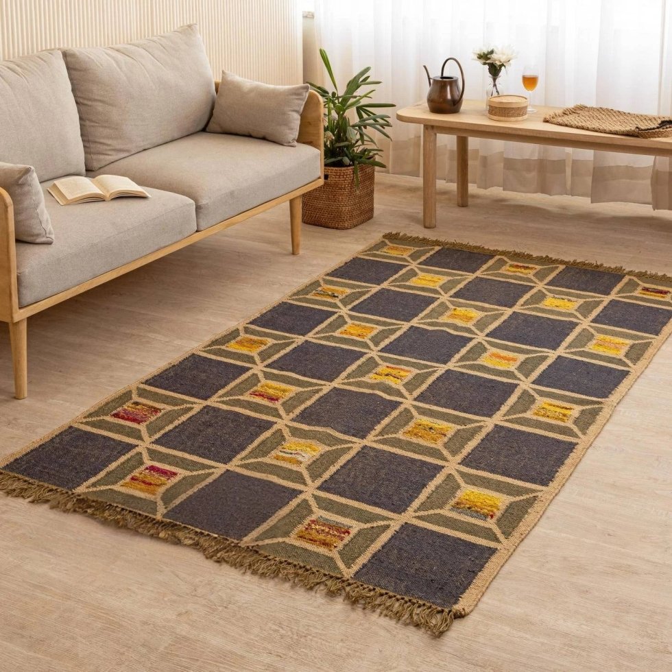 Groen en marine geruit wollen jute vloerkleed - Afbeelding 2