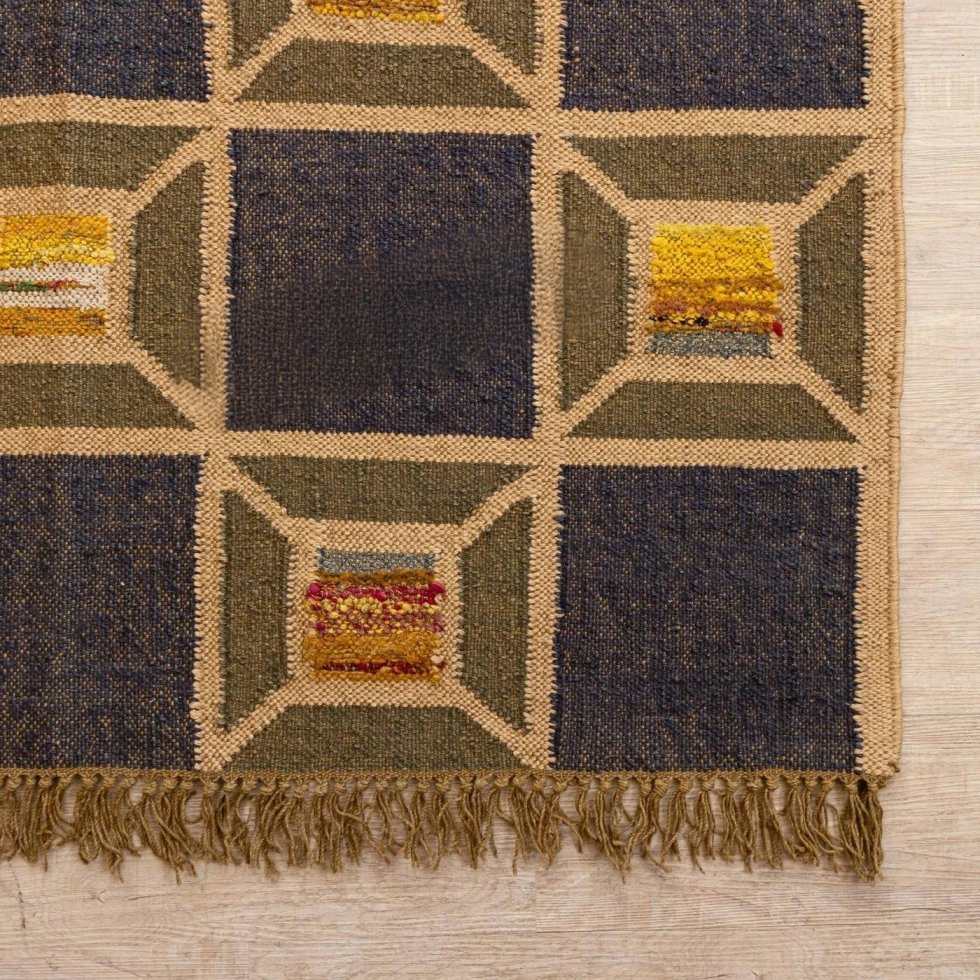 Groen en marine geruit wollen jute vloerkleed - Afbeelding 4