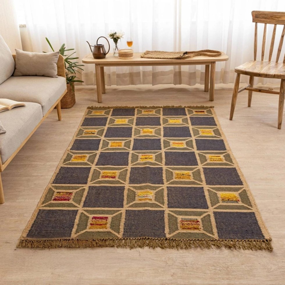 Groen en marine geruit wollen jute vloerkleed