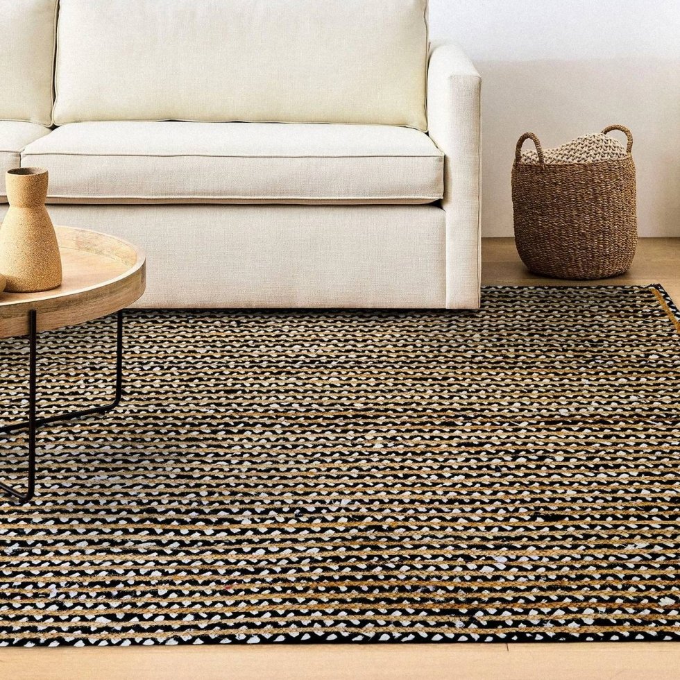 Handgemaakt zwart-wit katoenen jute vloerkleed