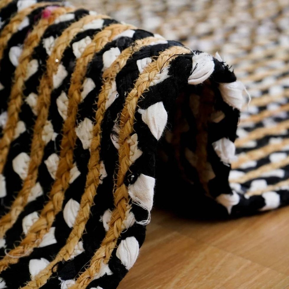 Handgemaakt zwart-wit katoenen jute vloerkleed - Afbeelding 3