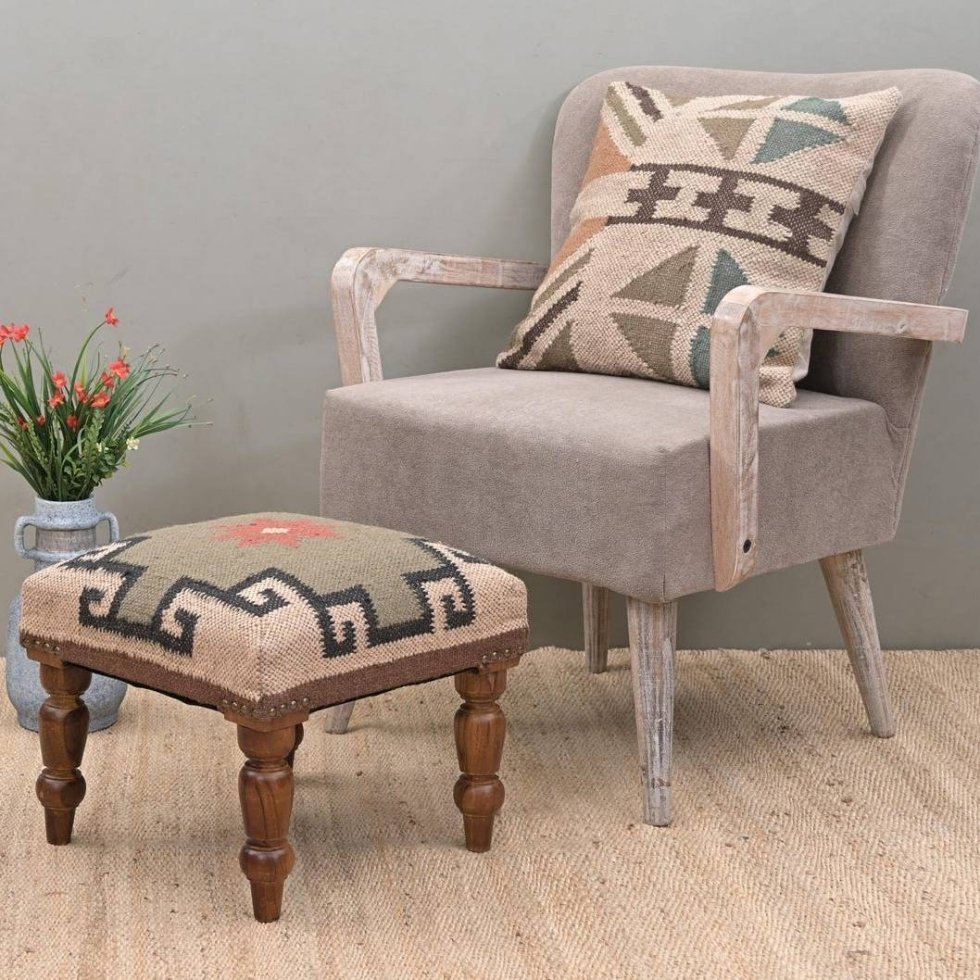 Ivory ornate jute ottoman stool - Afbeelding 4