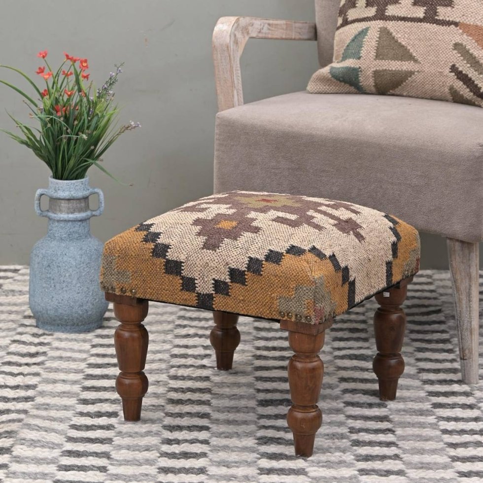 Ivory square ornate jute footstool ottoman - Afbeelding 2