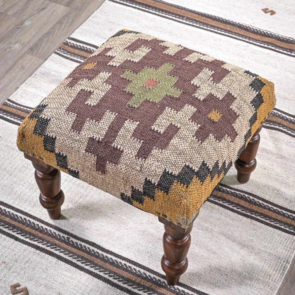 Ivory square ornate jute footstool ottoman - Afbeelding 3
