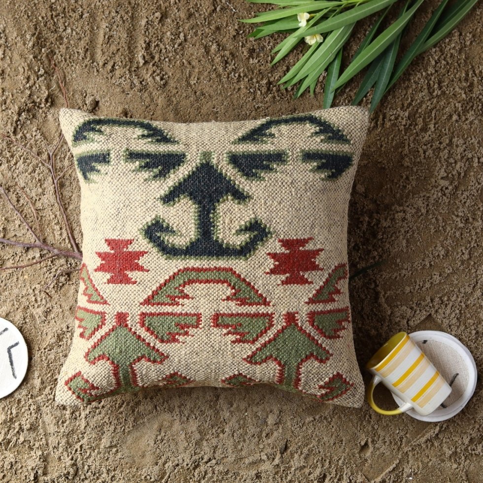 Ivoor tribal woo en jute kussen - Afbeelding 2