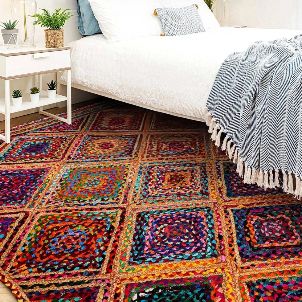 Multicolor Diamond tapijt van katoen en jute
