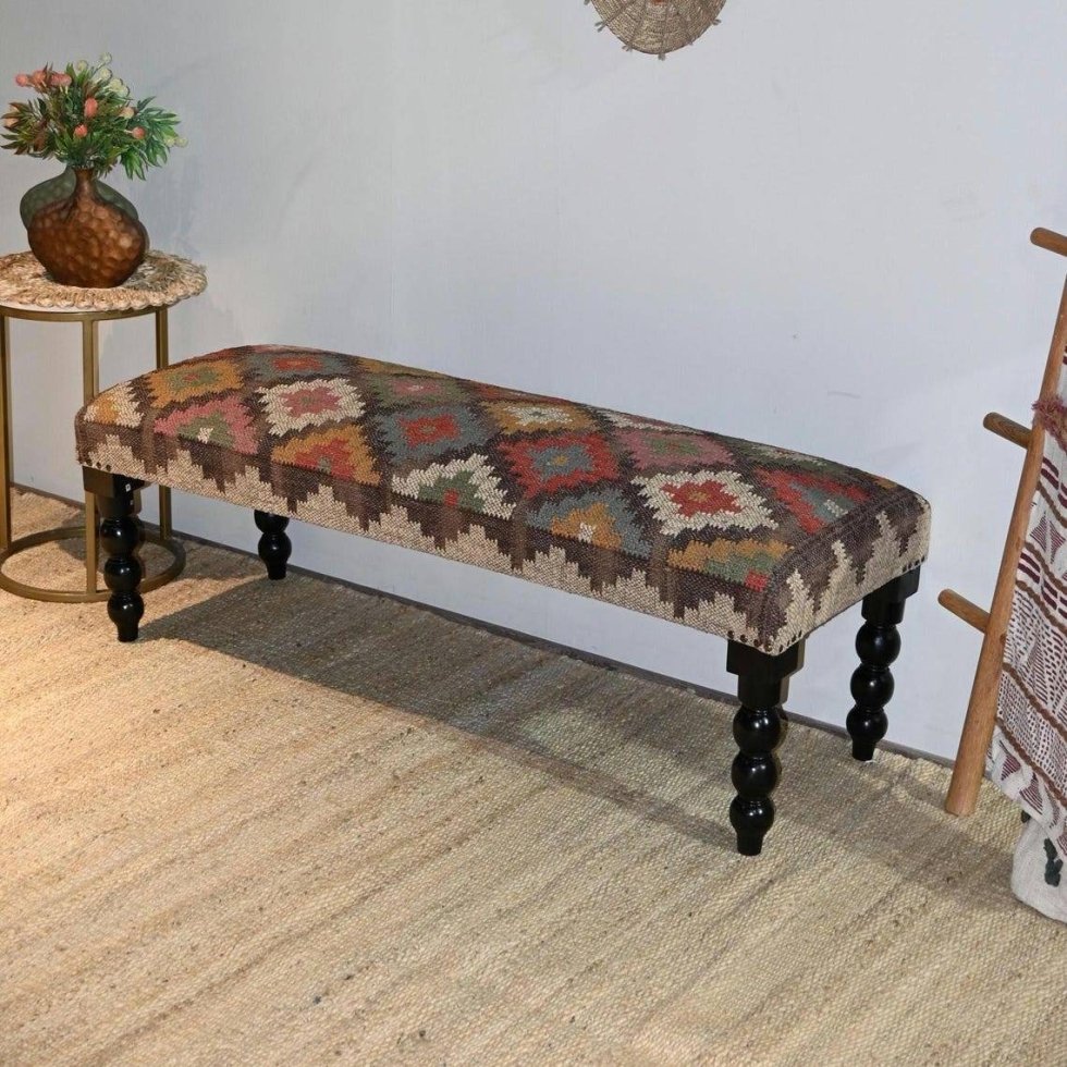 Multicolor diamond wool and jute ottoman bench