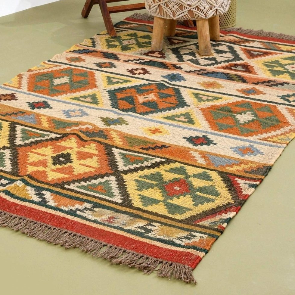 Multicolor kilim vloerkleed van wol en jute - Afbeelding 2