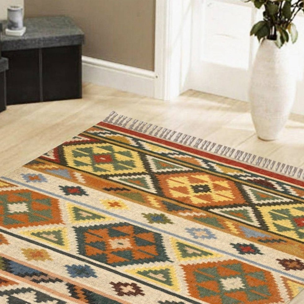 Multicolor kilim vloerkleed van wol en jute - Afbeelding 3