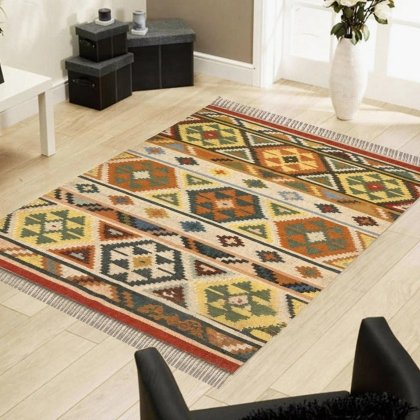 Multicolor kilim vloerkleed van wol en jute