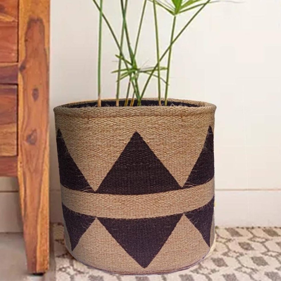 Natural and brown jute round basket - Afbeelding 2