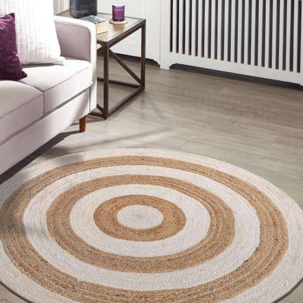 Jute rond vloerkleed in naturel en wit - Afbeelding 3