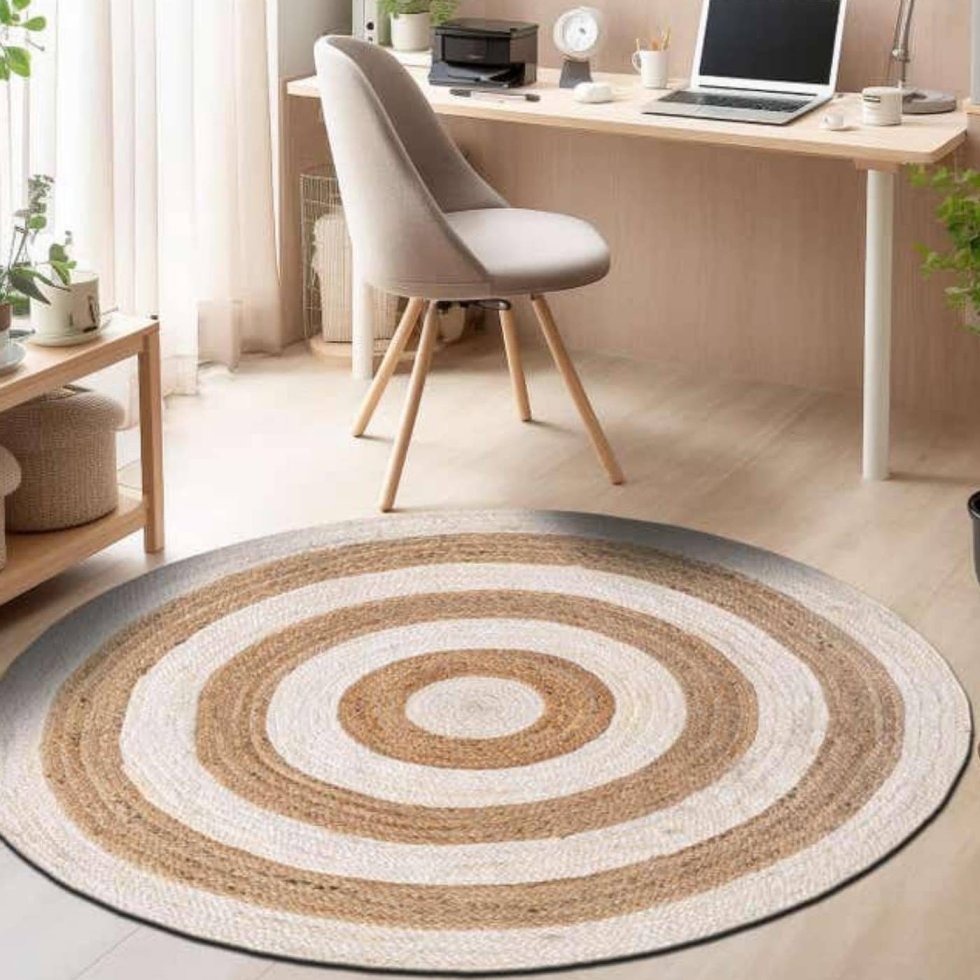 Jute rond vloerkleed in naturel en wit