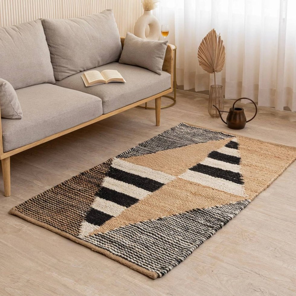 Natuurlijk wit en zwart hennep jute vloerkleed