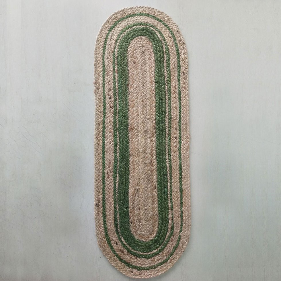 Ovale jute tafelloper en placemats met groene bies - Afbeelding 2