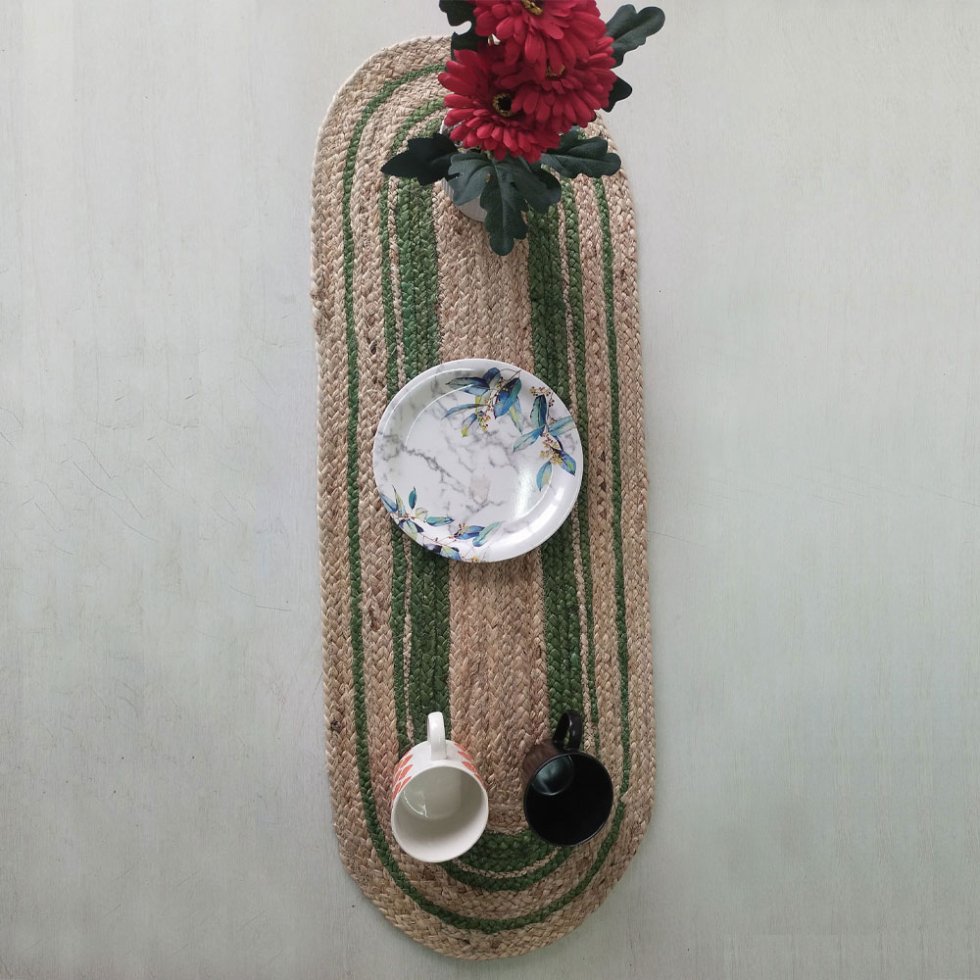 Ovale jute tafelloper en placemats met groene bies