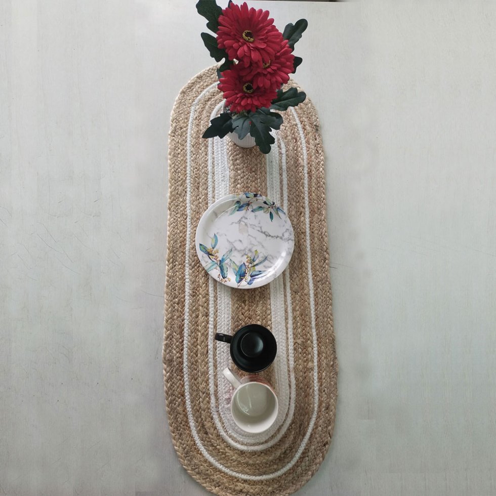 Ovale jute tafelloper en placemats met witte bies - Afbeelding 2