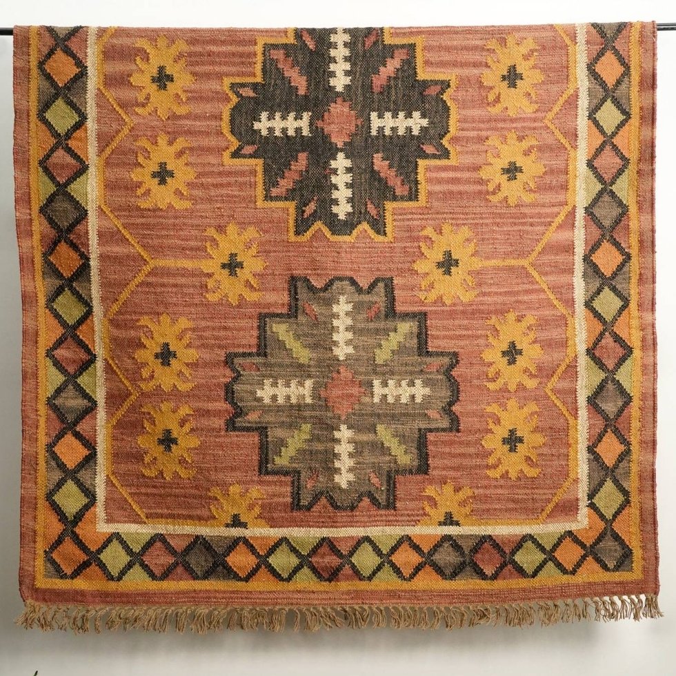 Rood vervaagd navajo tapijt van wol en jute - Afbeelding 2