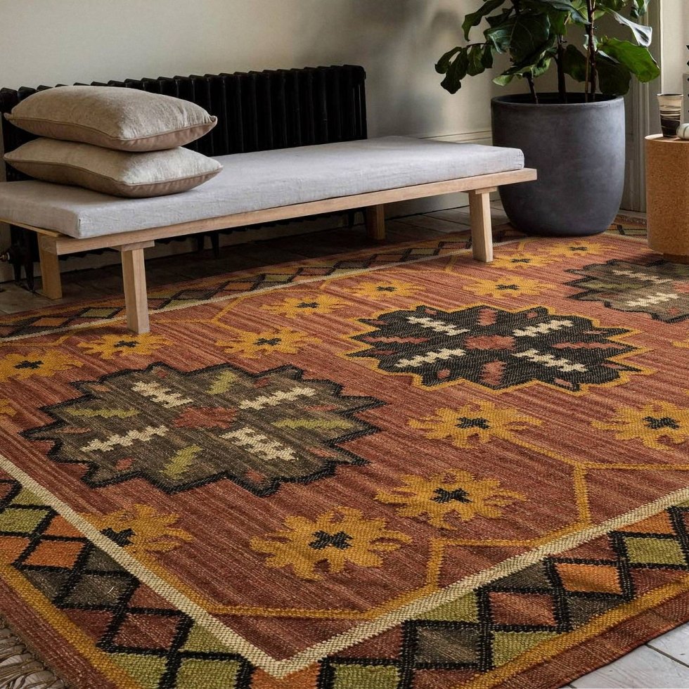 Rood vervaagd navajo tapijt van wol en jute