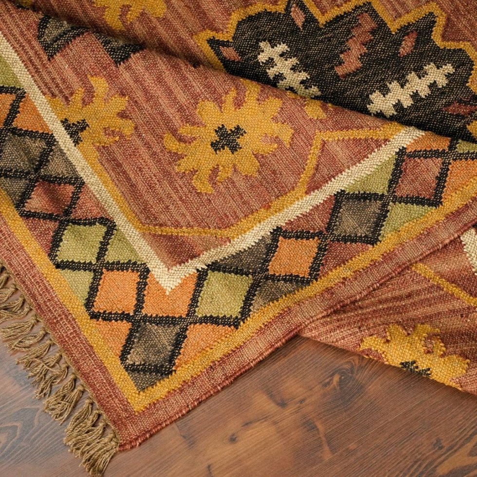 Rood vervaagd navajo tapijt van wol en jute - Afbeelding 3