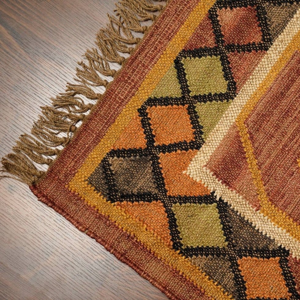 Rood vervaagd navajo tapijt van wol en jute - Afbeelding 4