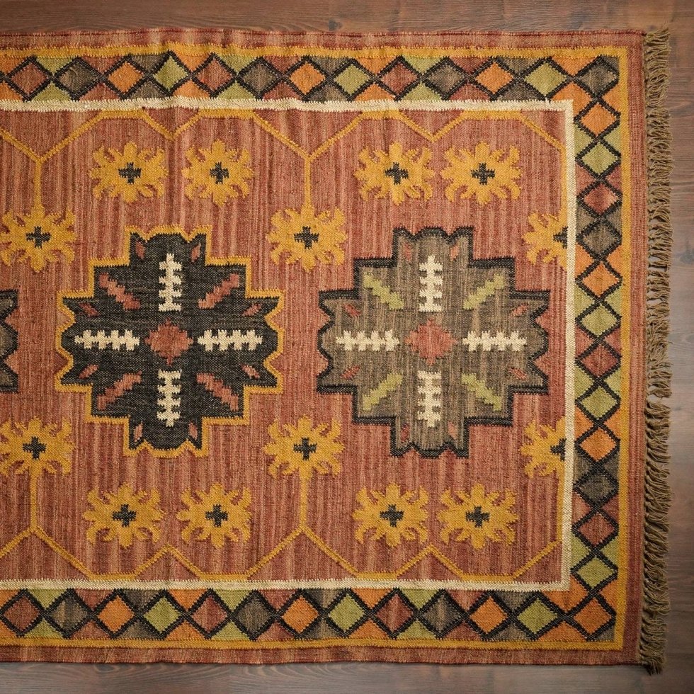 Rood vervaagd navajo tapijt van wol en jute - Afbeelding 5