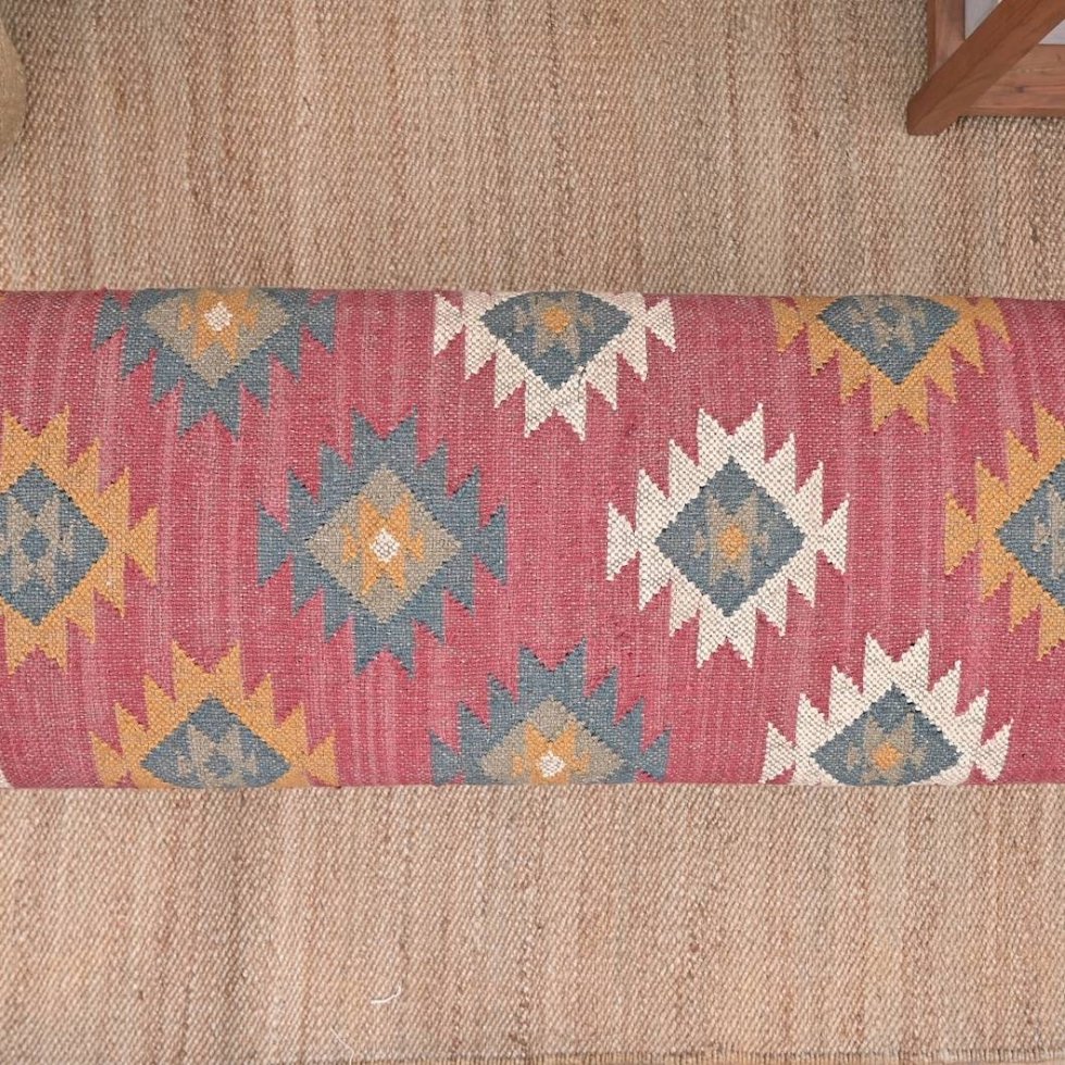 Rode navajo wollen en jute kelim voetenbank - Afbeelding 5