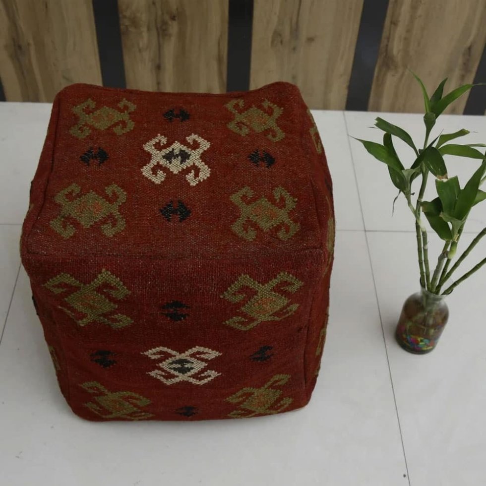 Poef van rode navajo wol en jute - Afbeelding 2