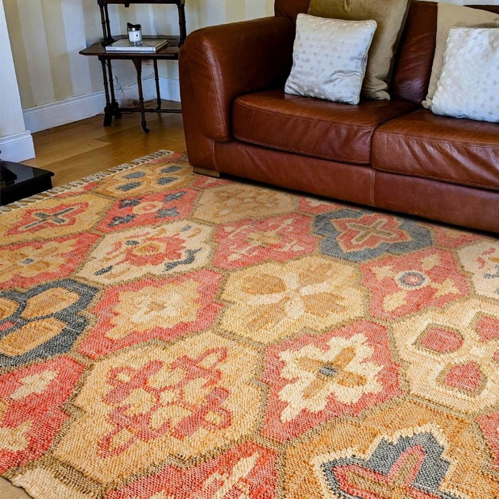 Rood katoenen en jute vloerkleed met latwerkpatroon