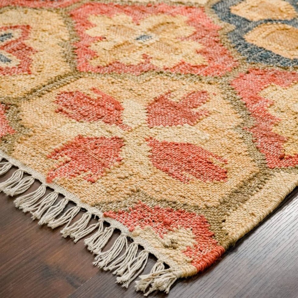 Rood katoenen en jute vloerkleed met latwerkpatroon - Afbeelding 4