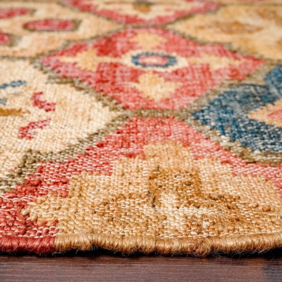 Rood katoenen en jute vloerkleed met latwerkpatroon - Afbeelding 5