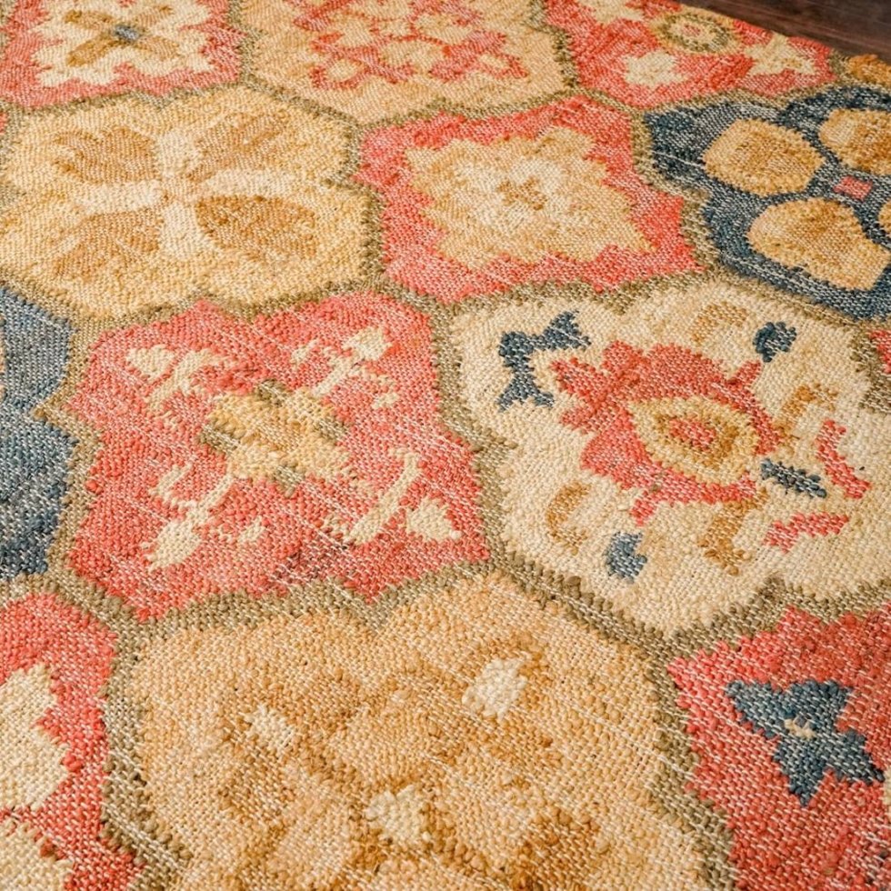 Rood katoenen en jute vloerkleed met latwerkpatroon - Afbeelding 2