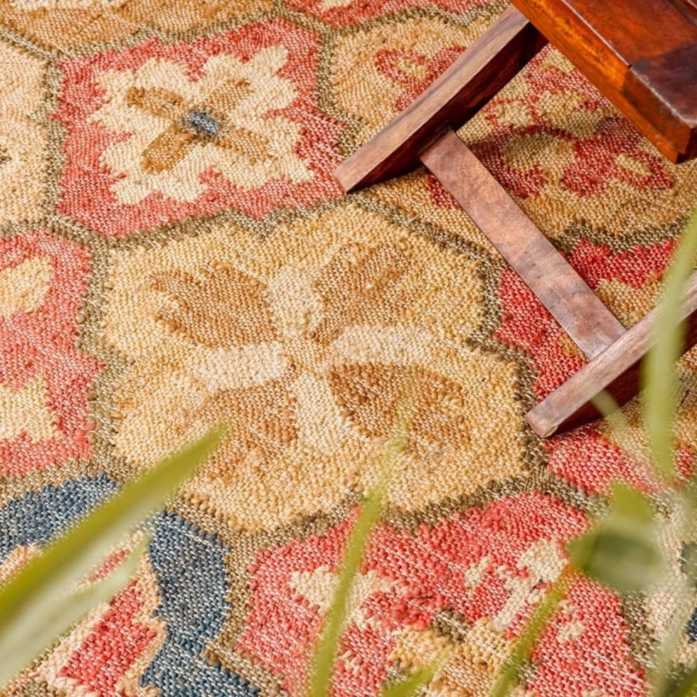 Rood katoenen en jute vloerkleed met latwerkpatroon - Afbeelding 3