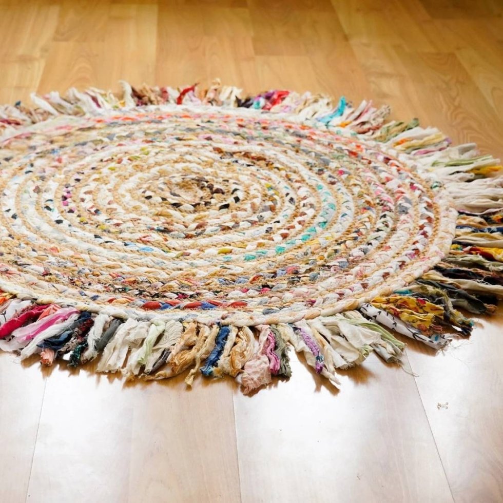 Rond handgeweven chindi jute vloerkleed