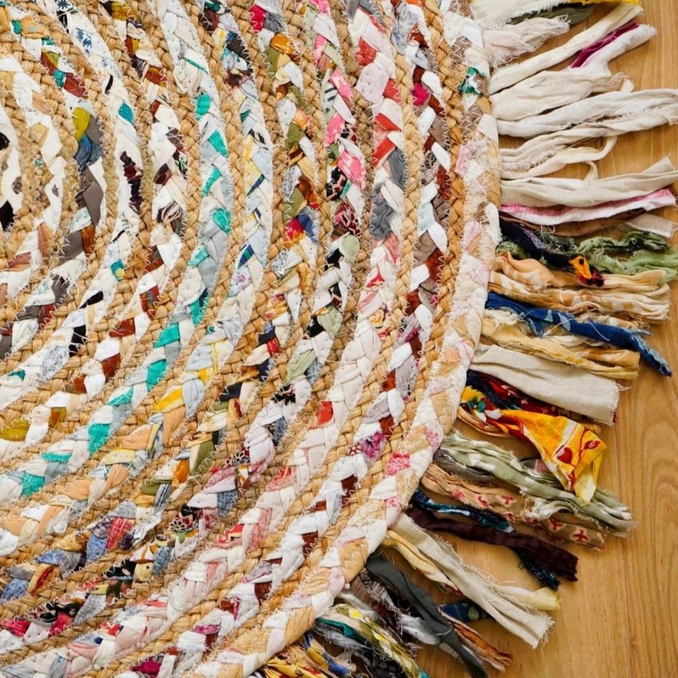 Rond handgeweven chindi jute vloerkleed - Afbeelding 4