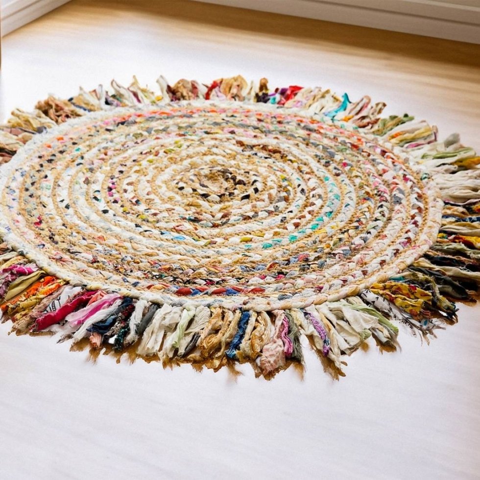 Rond handgeweven chindi jute vloerkleed - Afbeelding 3