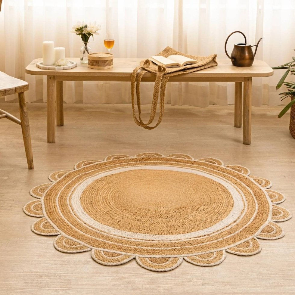 Rond jute vloerkleed met geschulpte rand