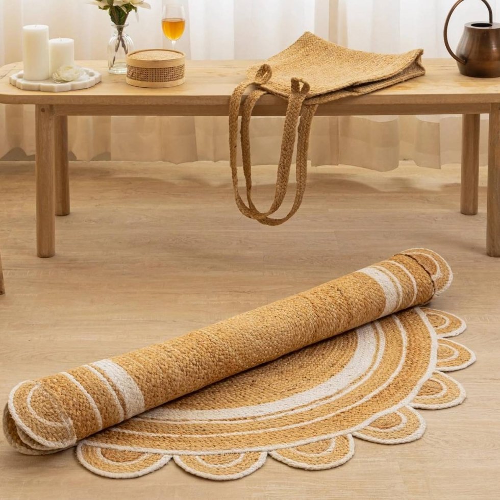 Rond jute vloerkleed met geschulpte rand - Afbeelding 4