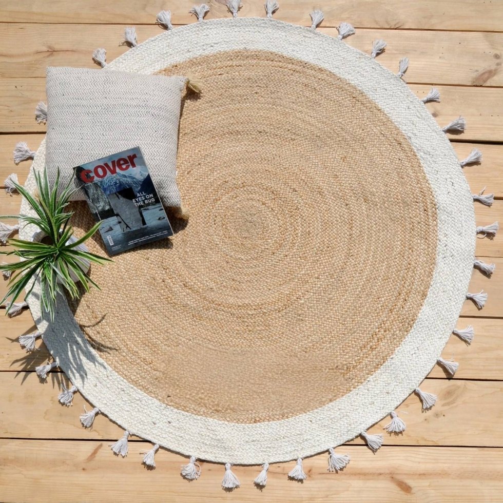 Rond jute vloerkleed met witte rand