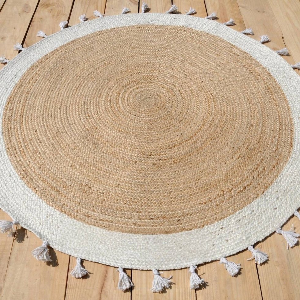 Rond jute vloerkleed met witte rand - Afbeelding 3